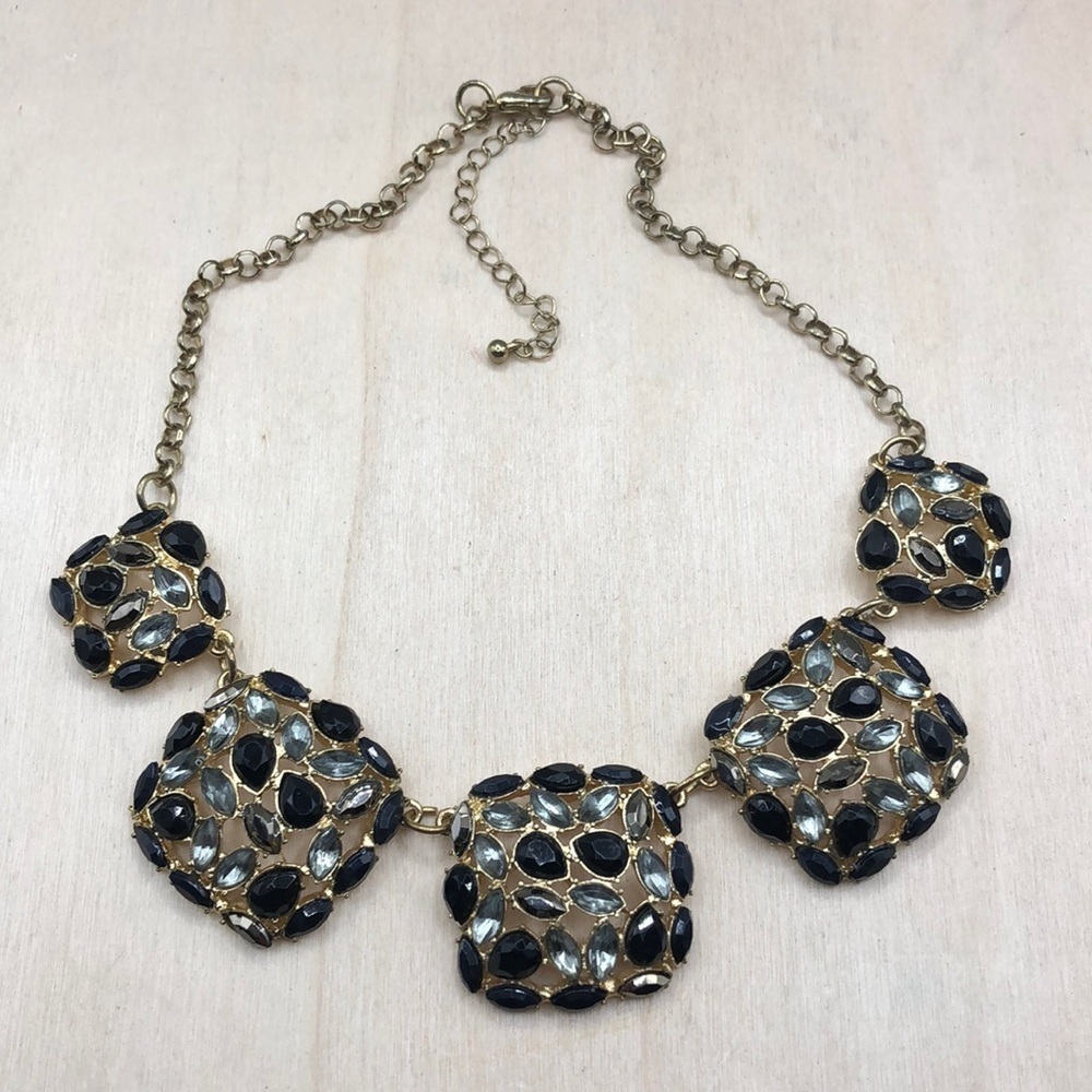 Gold Tone Chain Square Medallions Bejeweled Rhinestone Necklace Dressy Statement